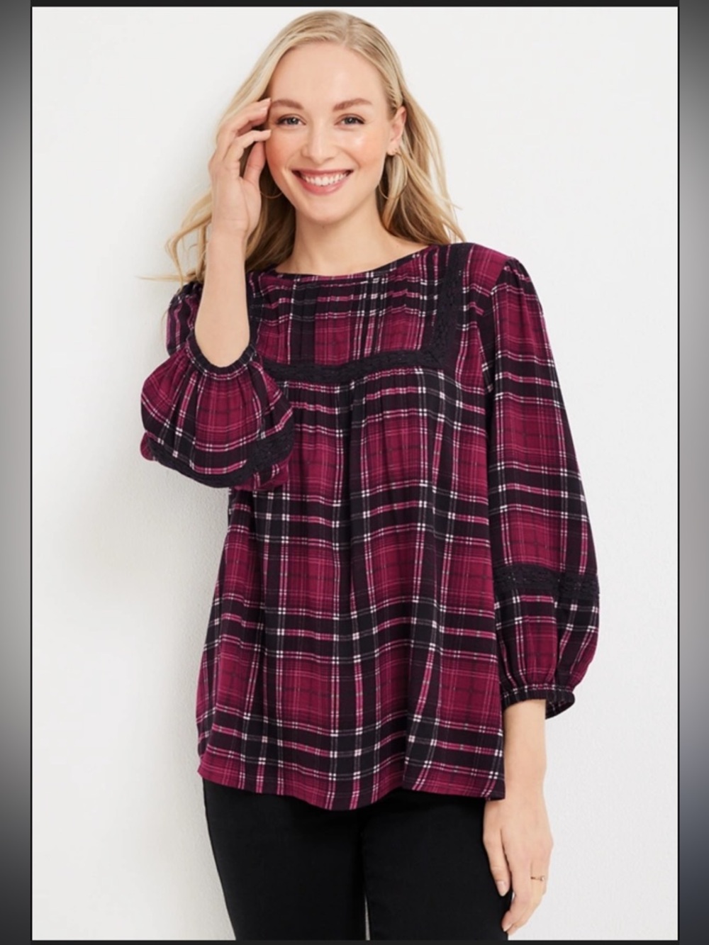Maurices Small Plaid Lace-Trim Peasant Blouse - Berry Plaid
